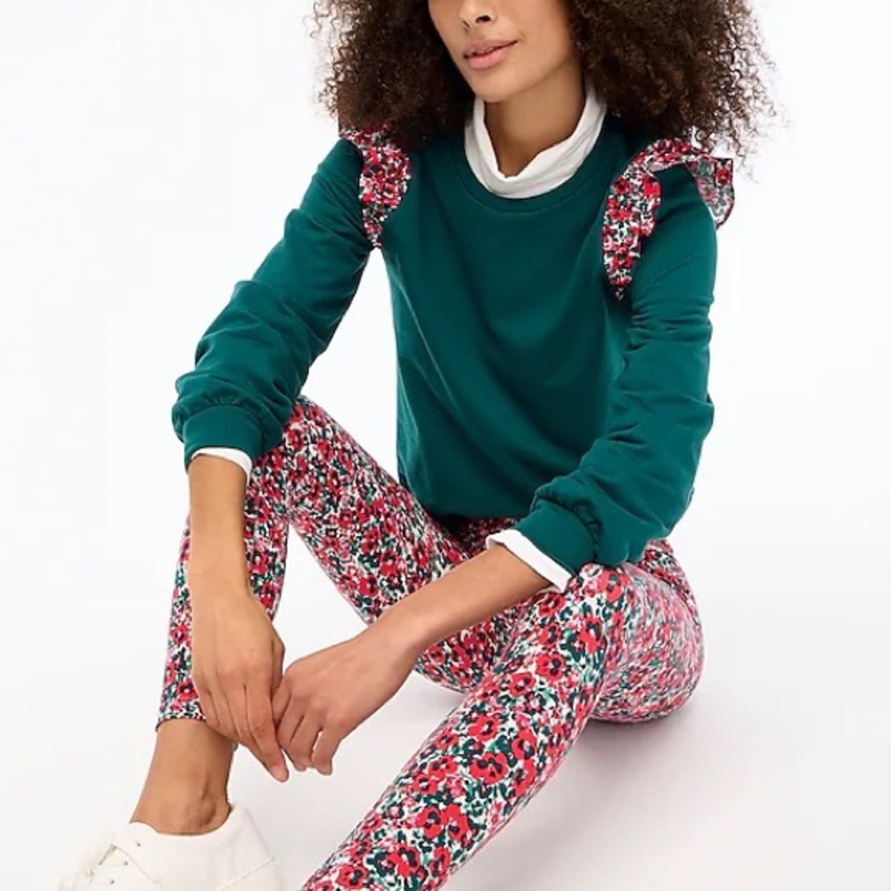 J. Crew | NWT ✨ Floral Academic Green Ruffle Shoulder Sweatshirt - Picture 2 of 8